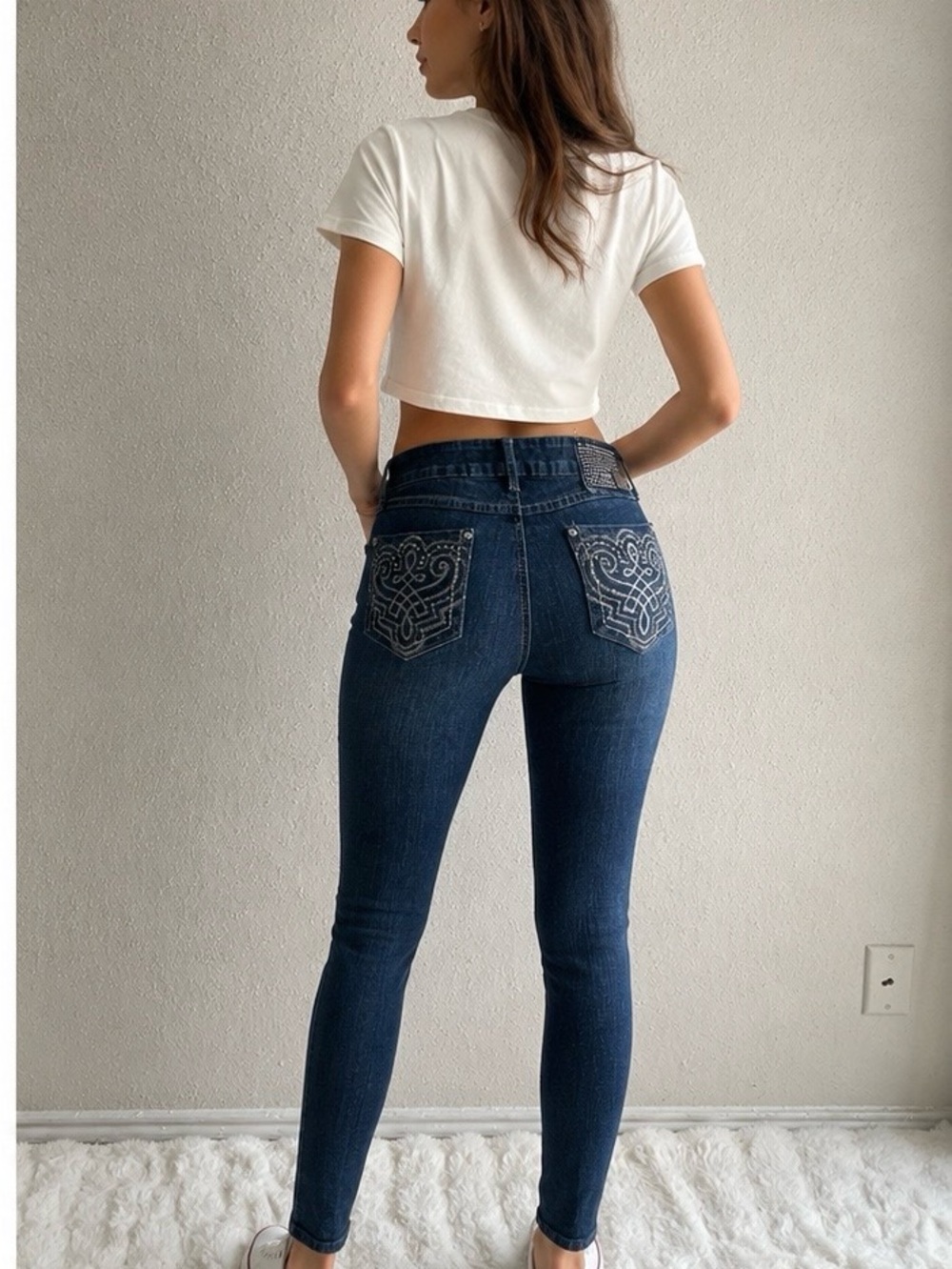 one 5 one Dark Blue Skinny Jeans with Embroidered Back Pockets